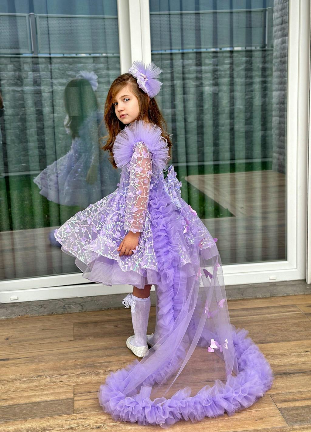 Sequins Pink Girl Dress Knee Length Train Long Sleeve Princess J282