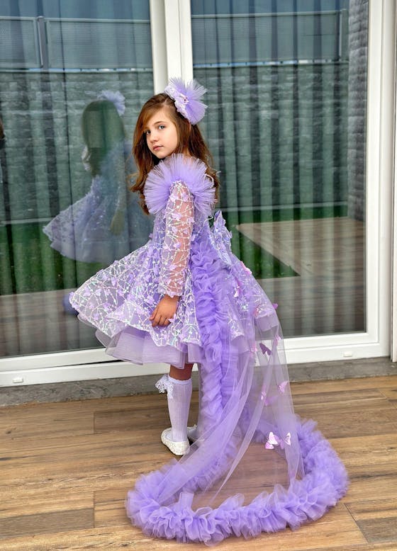 Sequins Pink Girl Dress Knee Length Train Long Sleeve Princess J282