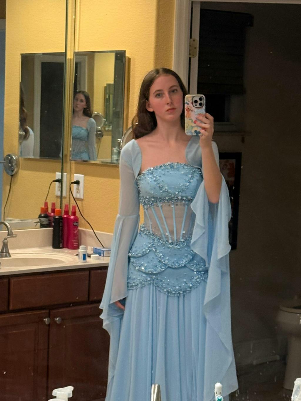 Luxury Pearls Tassel Blue Evening Dress with Flowing coat SS286