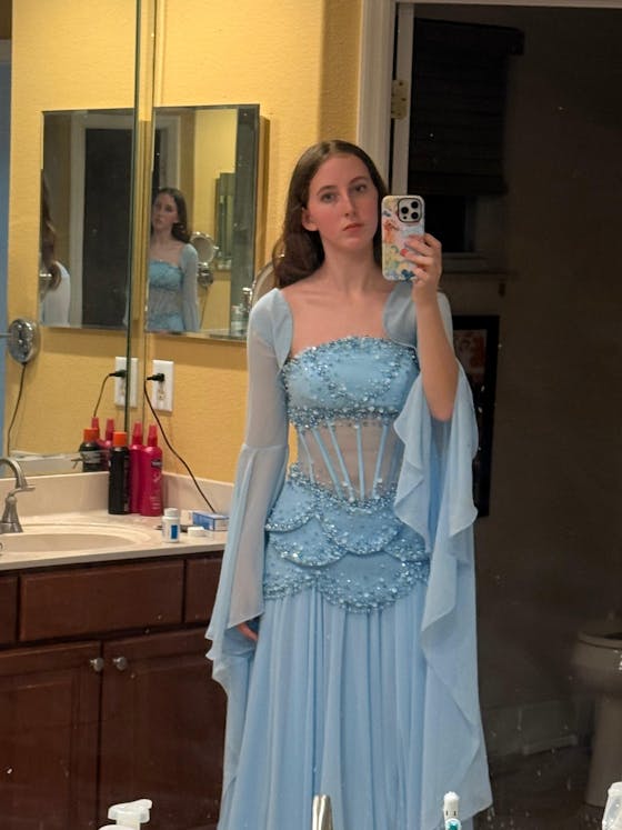 Luxury Pearls Tassel Blue Evening Dress with Flowing coat SS286