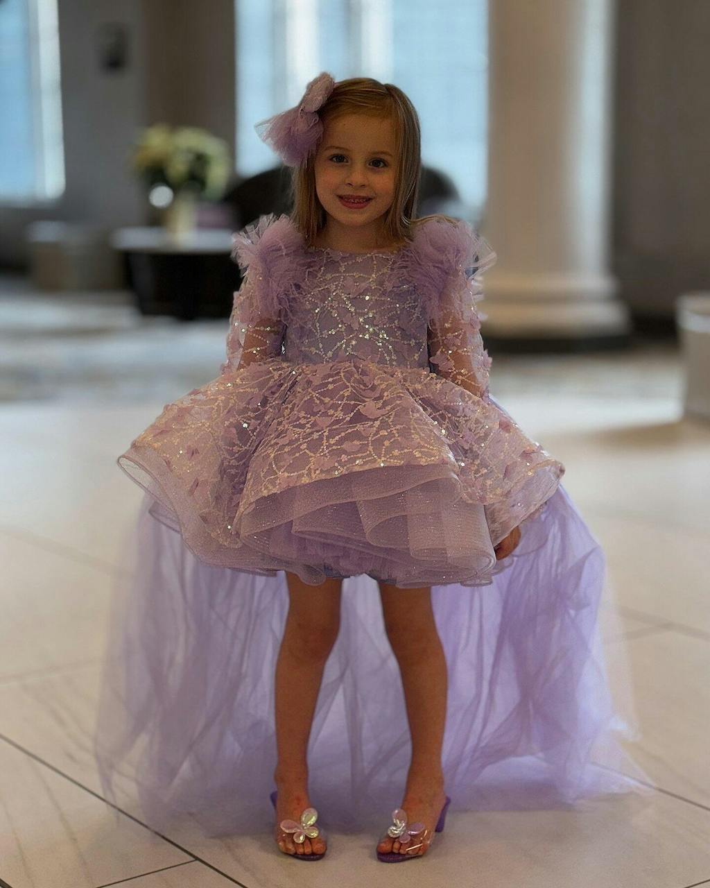 Sequins Lilac Long Sleeve Girl Dress Knee Length J287