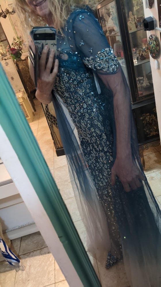 Turquoise Crystal Mermaid Dubai Evening Dresses with Cape Sleeves SS666