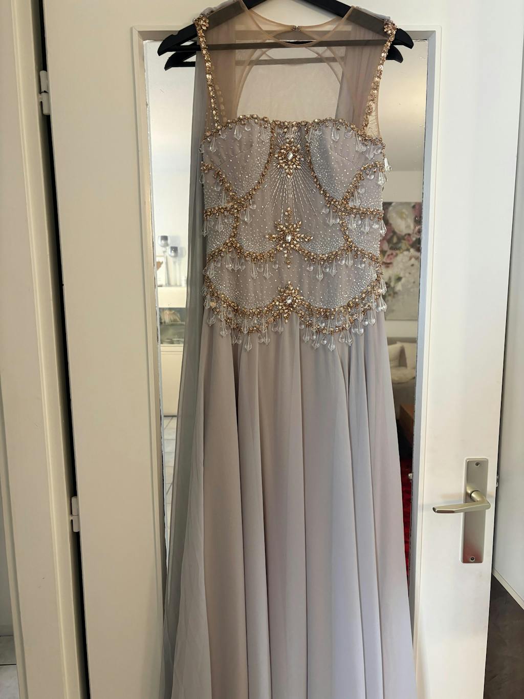 Luxury Silver Gray Beaded Crystal Prom Dress with Flowing Cape SS517