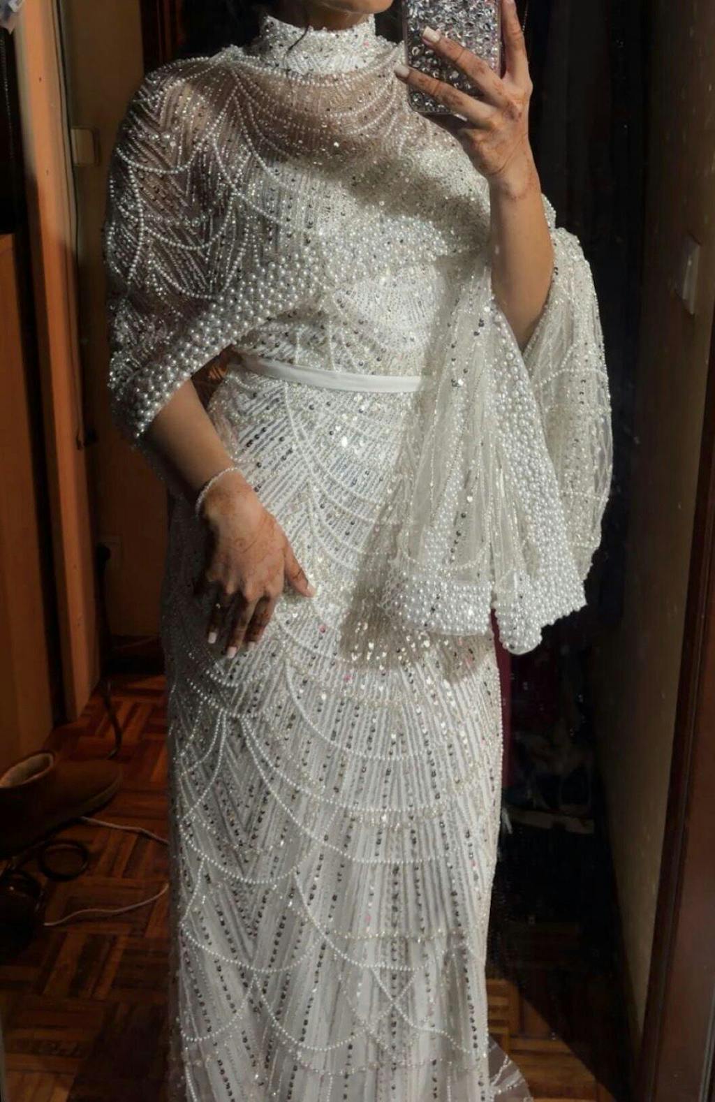 Luxury Pearls Champagne Evening Dresses with Cape SS369