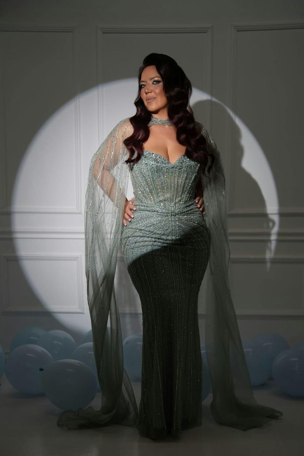 Shimmering Beaded Evening Dress with Cape Train SS156