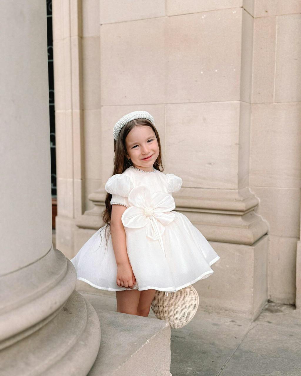 White Satin Baby Girl Dress 3D Flowers First Communion Gown J496