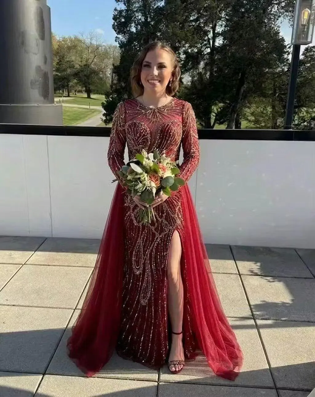 Luxury Wine Red Crystal Embellished Slit Evening Dress with Overskirt SS160