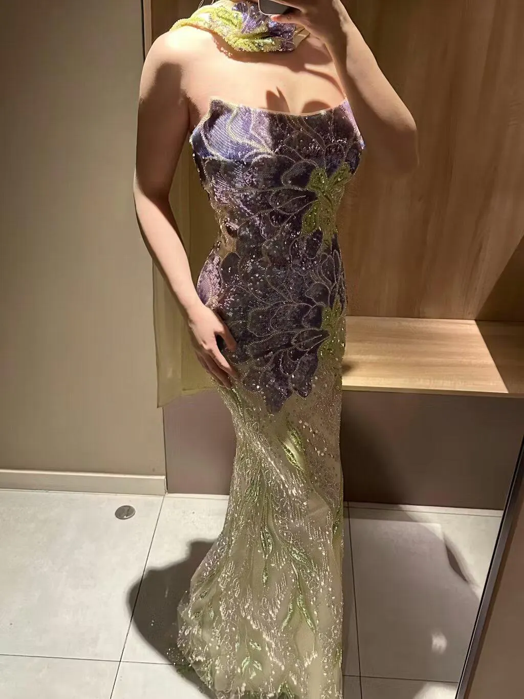 Elegant Purple Green Beaded Sequin Evening Dress with Cape SS511