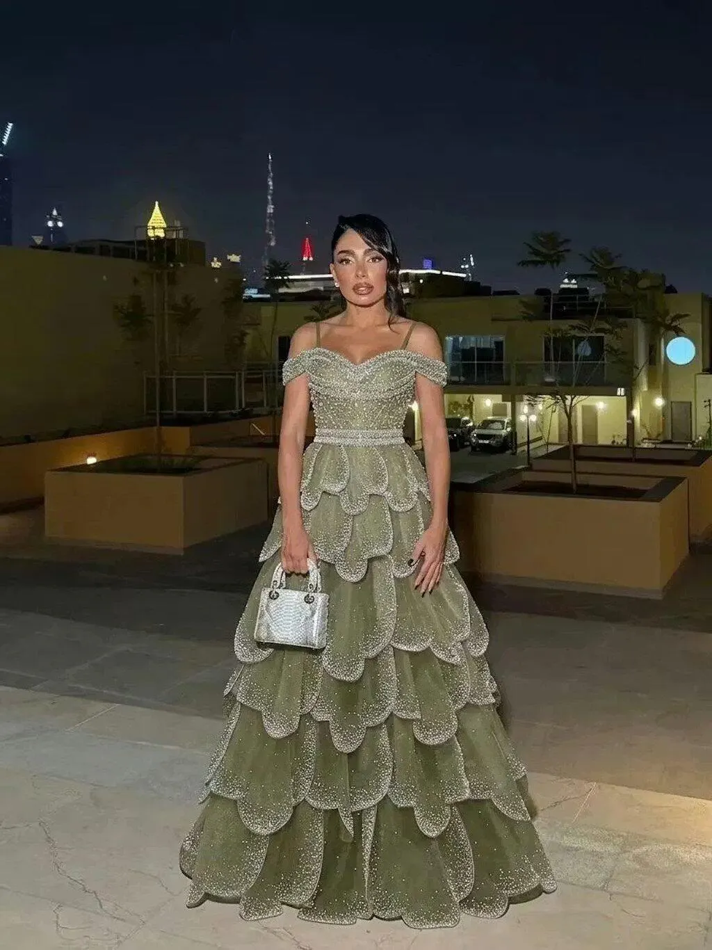 Elegant Green Layered Ruffle Evening Dress SS385