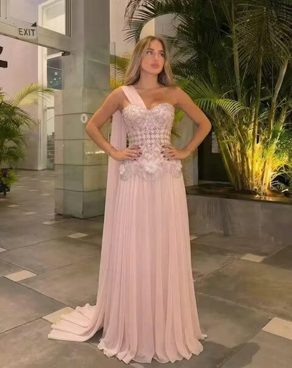 Elegant Blush Pink Beaded Evening Dress with Cape SS285