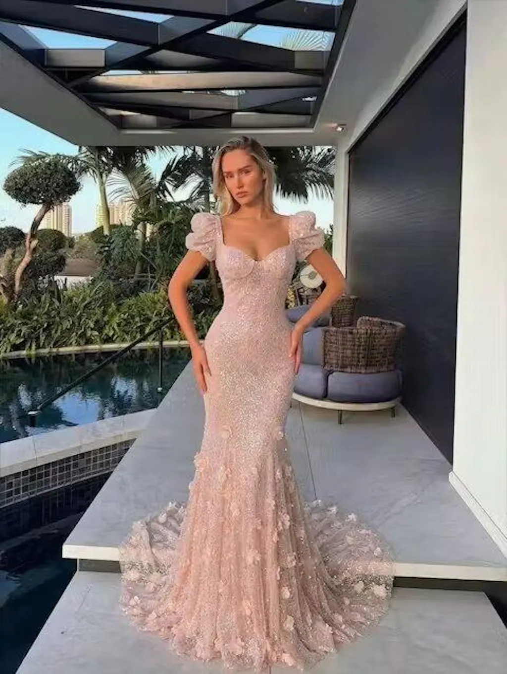 Elegant Pink Sequin Mermaid Evening Dress with Train  SS643