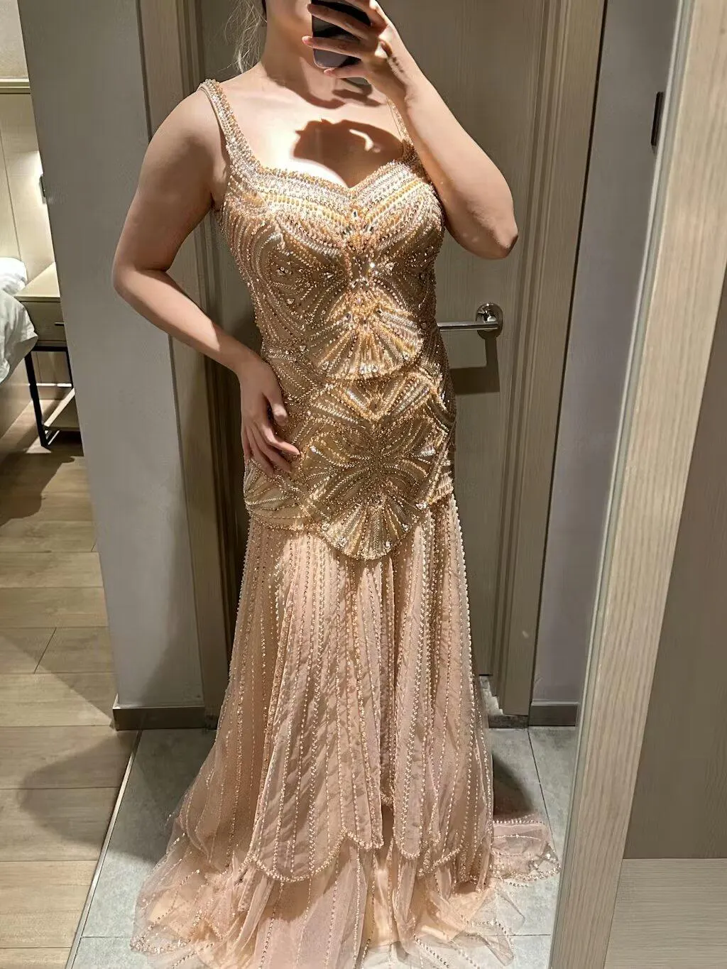 Luxury Champagne Beaded Ruffled Prom Dress SS552