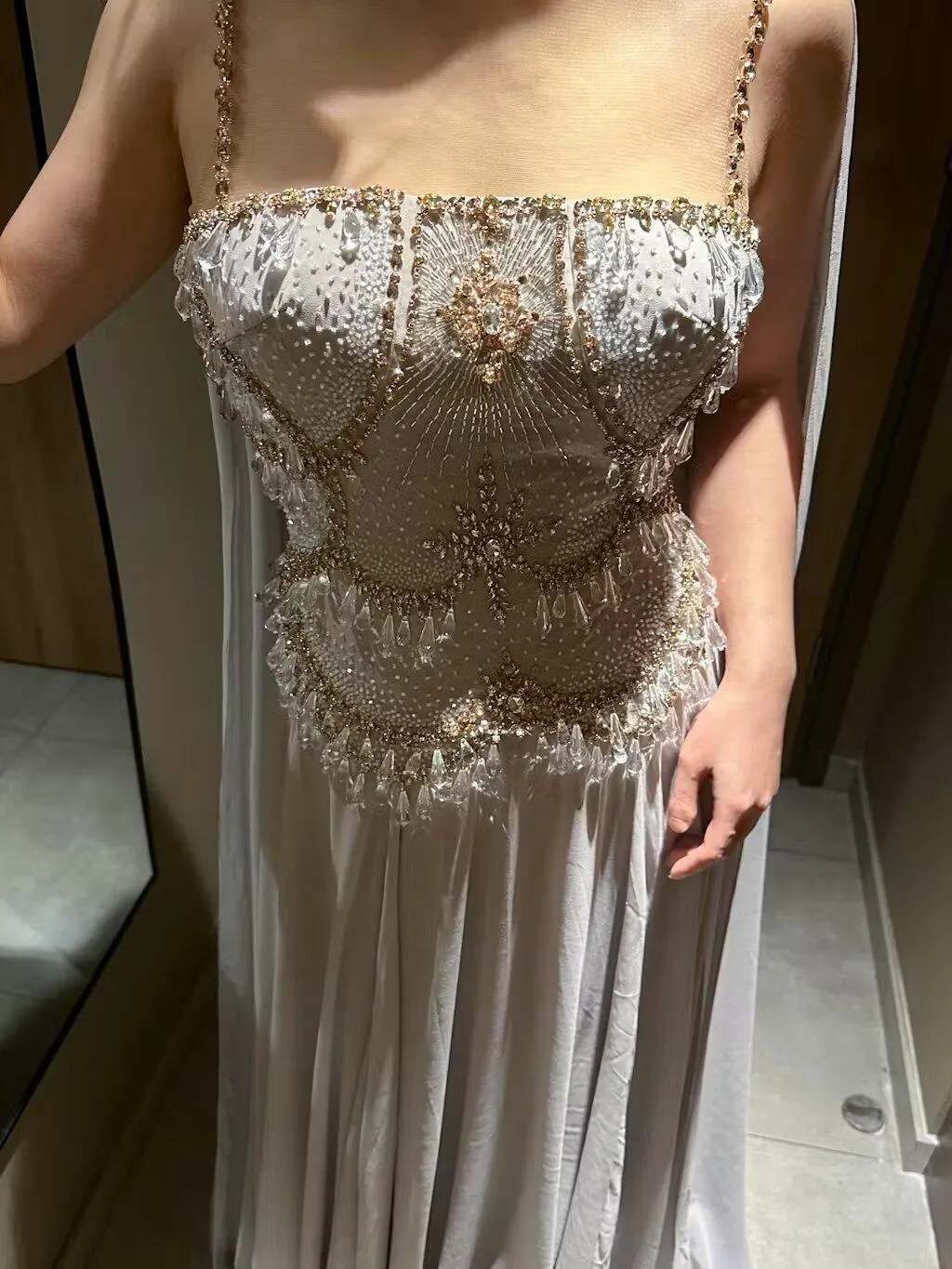 Luxury Silver Gray Beaded Crystal Prom Dress with Flowing Cape SS517