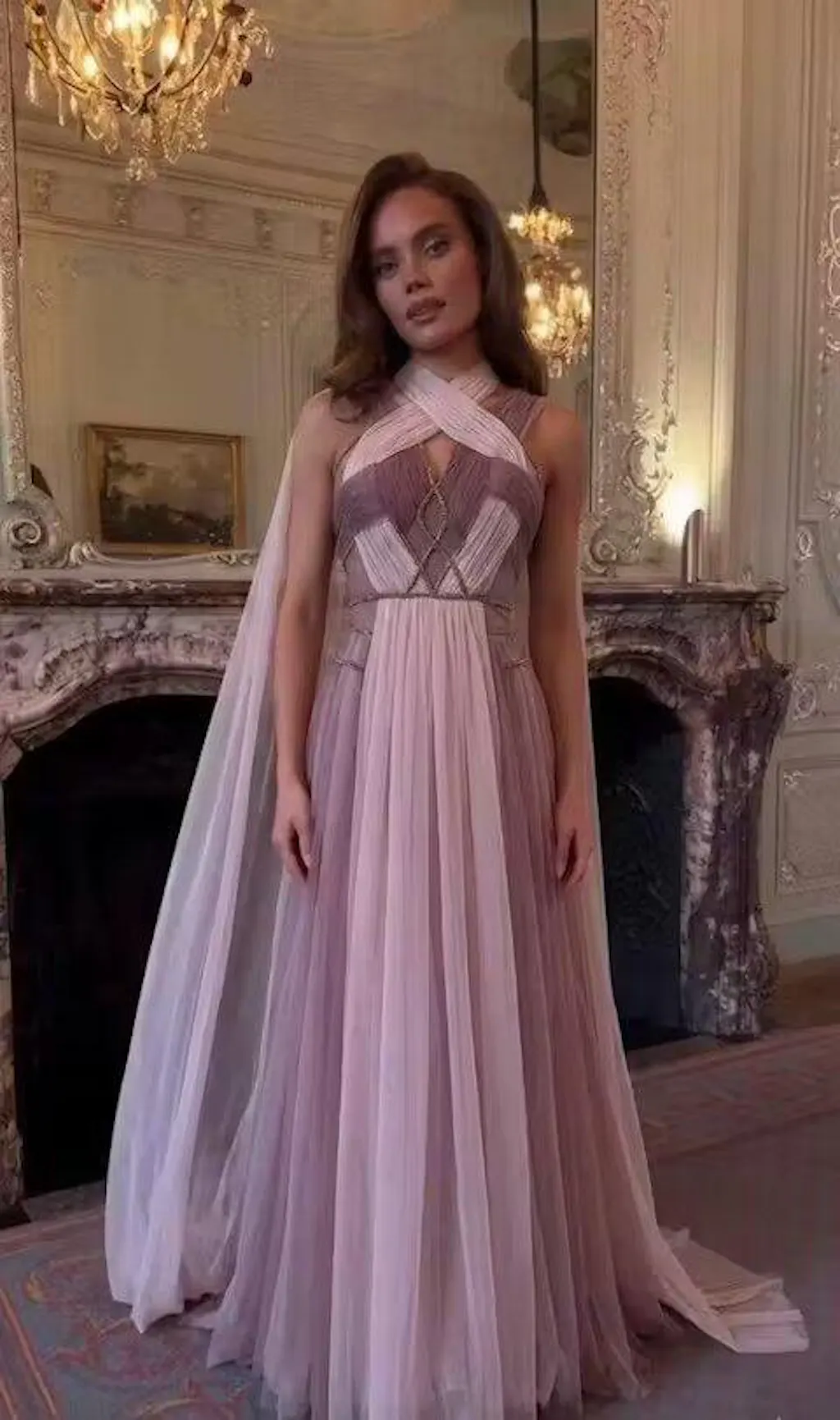 Dreamy Ombre Pink Evening Gown with Flowing Cape SS309