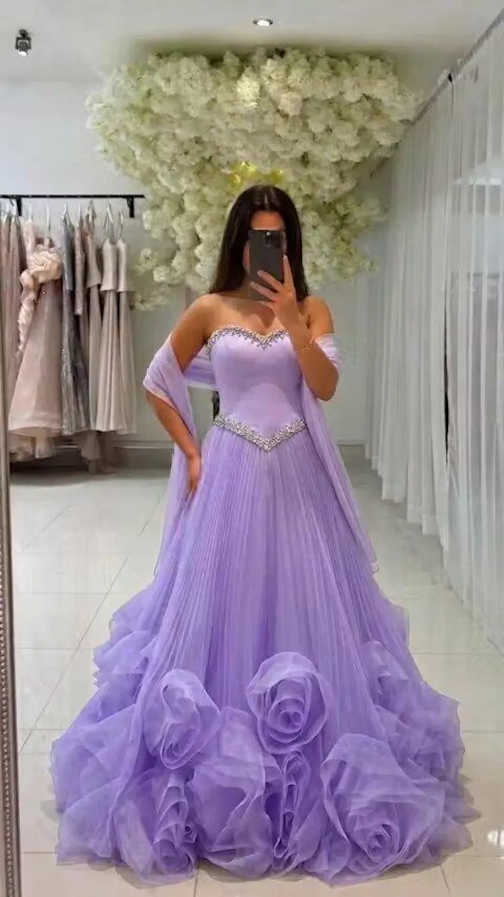 Luxury Lilac 3D Floral Tulle Evening Dress with Scarf SS310