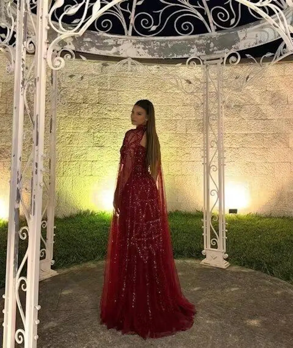 Elegant Cream Heavy Beaded Cape Evening Dress SS486