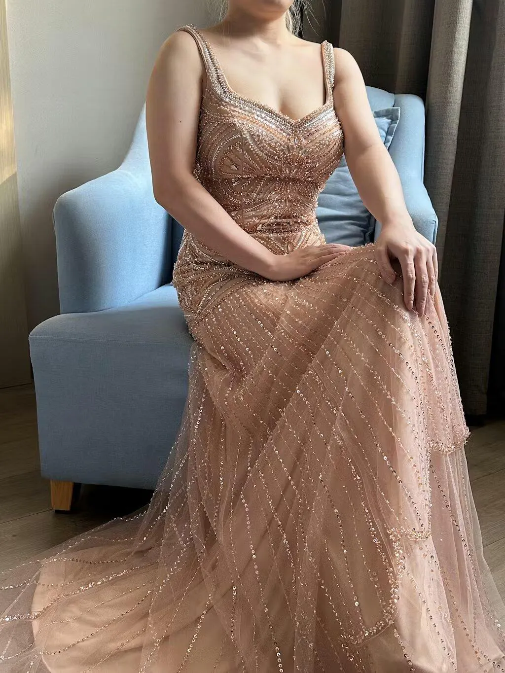 Luxury Champagne Beaded Ruffled Prom Dress SS552