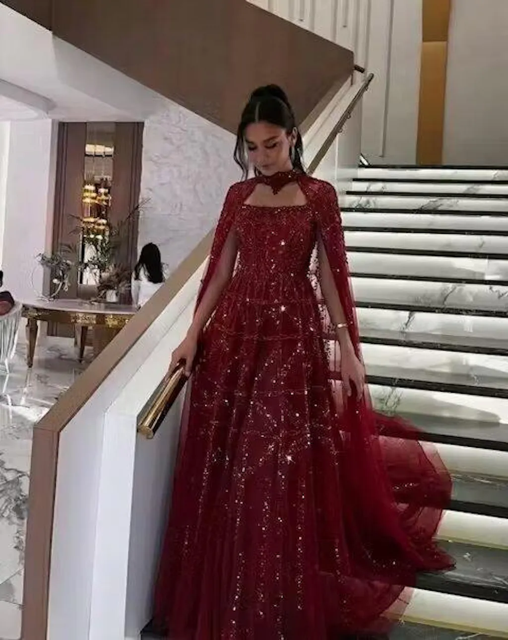 Elegant Cream Heavy Beaded Cape Evening Dress SS486