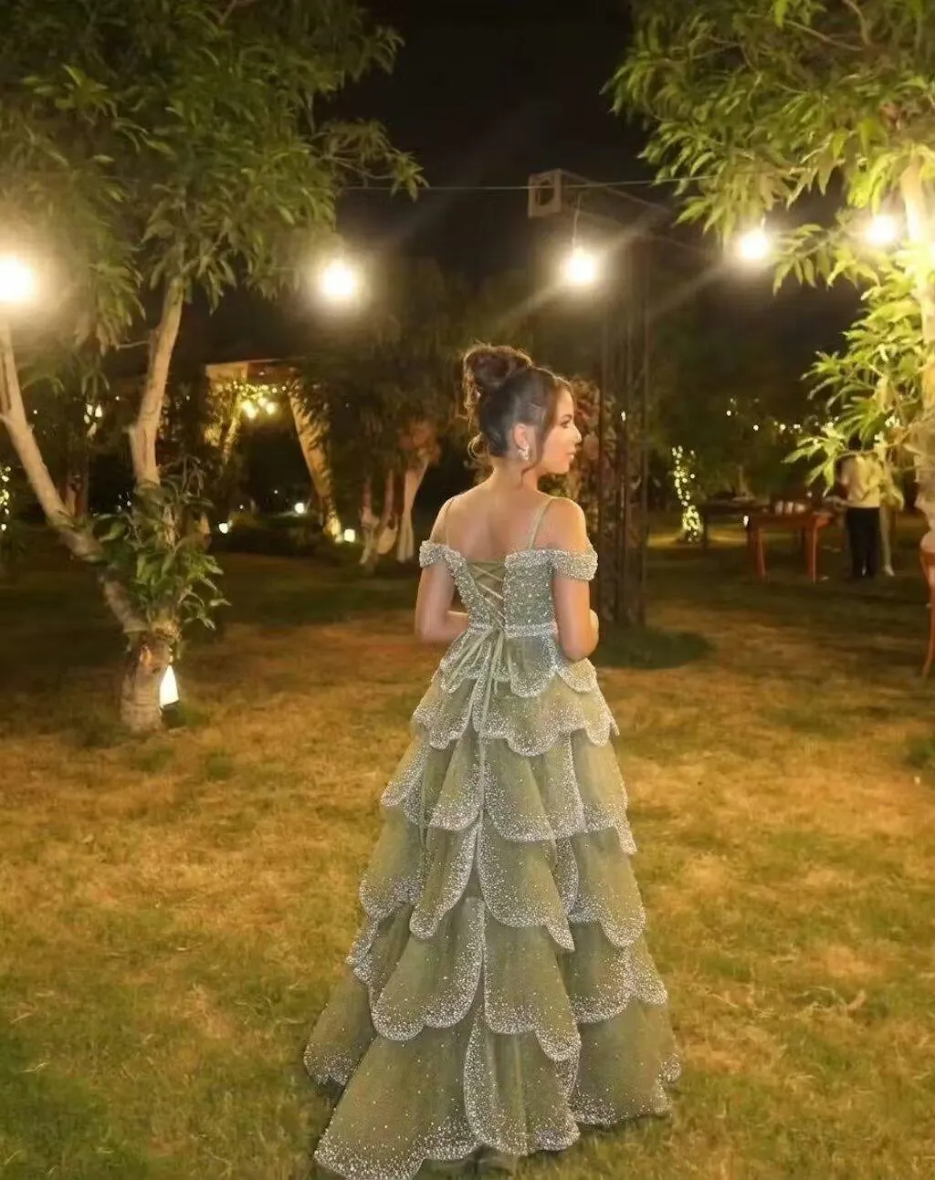 Elegant Green Layered Ruffle Evening Dress SS385