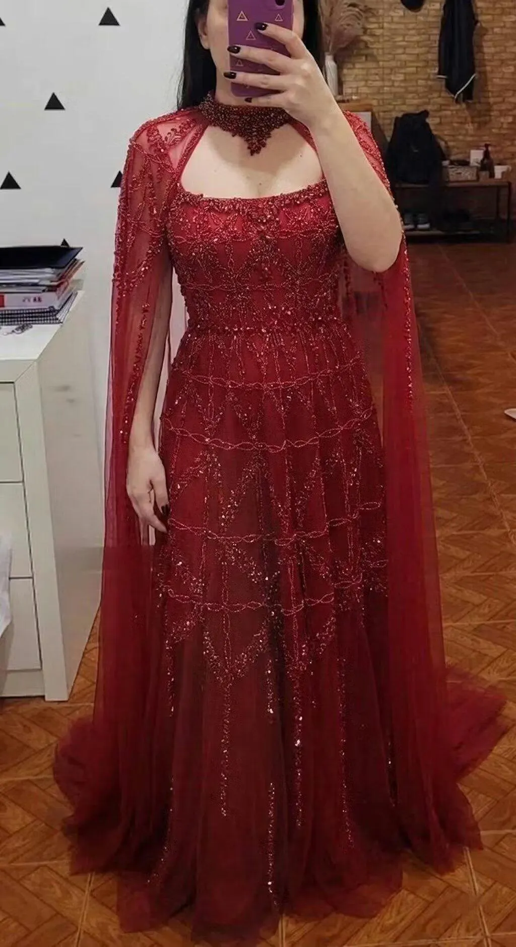 Elegant Cream Heavy Beaded Cape Evening Dress SS486