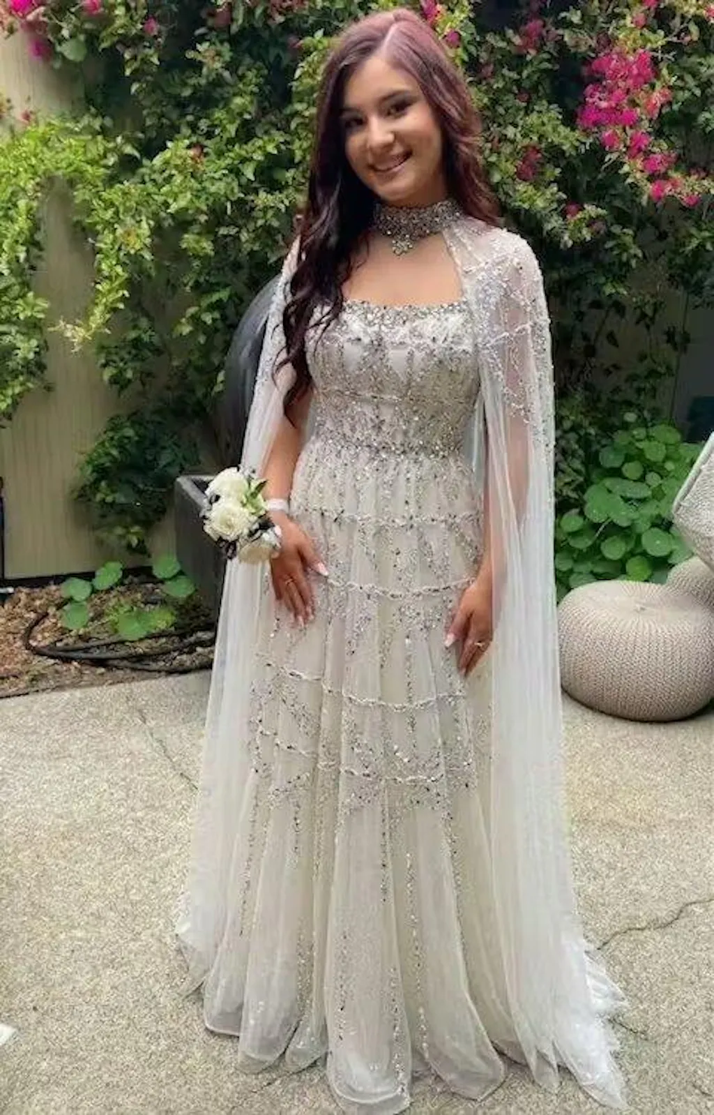 Elegant Cream Heavy Beaded Cape Evening Dress SS486