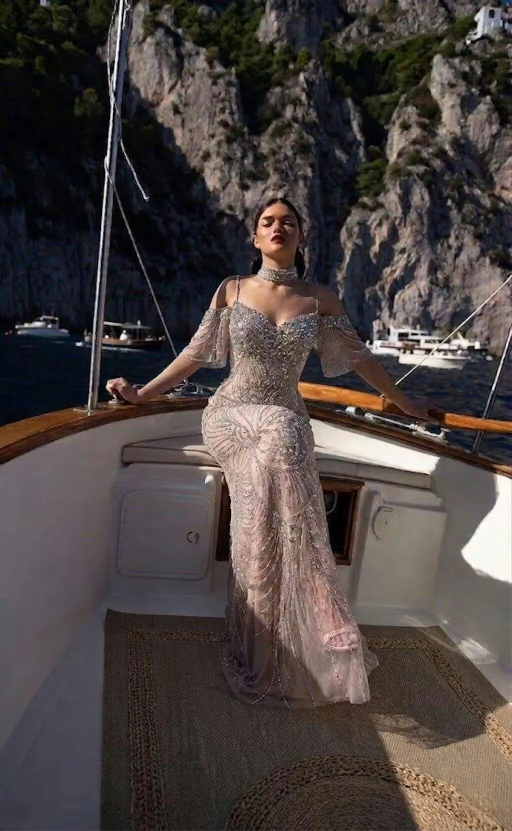 Luxury Champagne Beaded Evening Dress with Embroidery Detachable Sleeves SS164