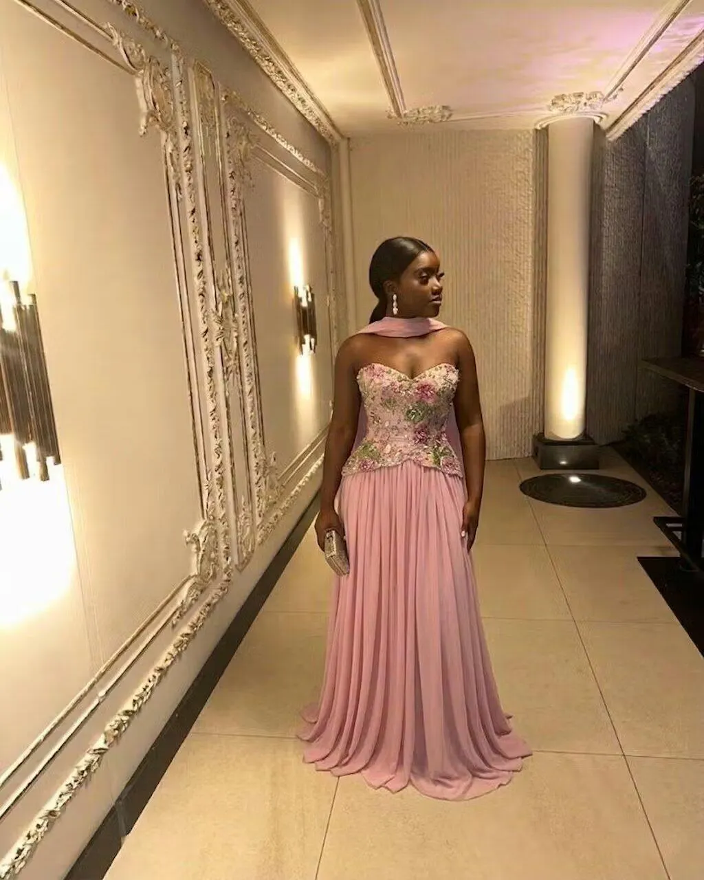 Elegant Strapless Floral Embroidered Chiffon Evening Dress with Pleated Skirt SS480