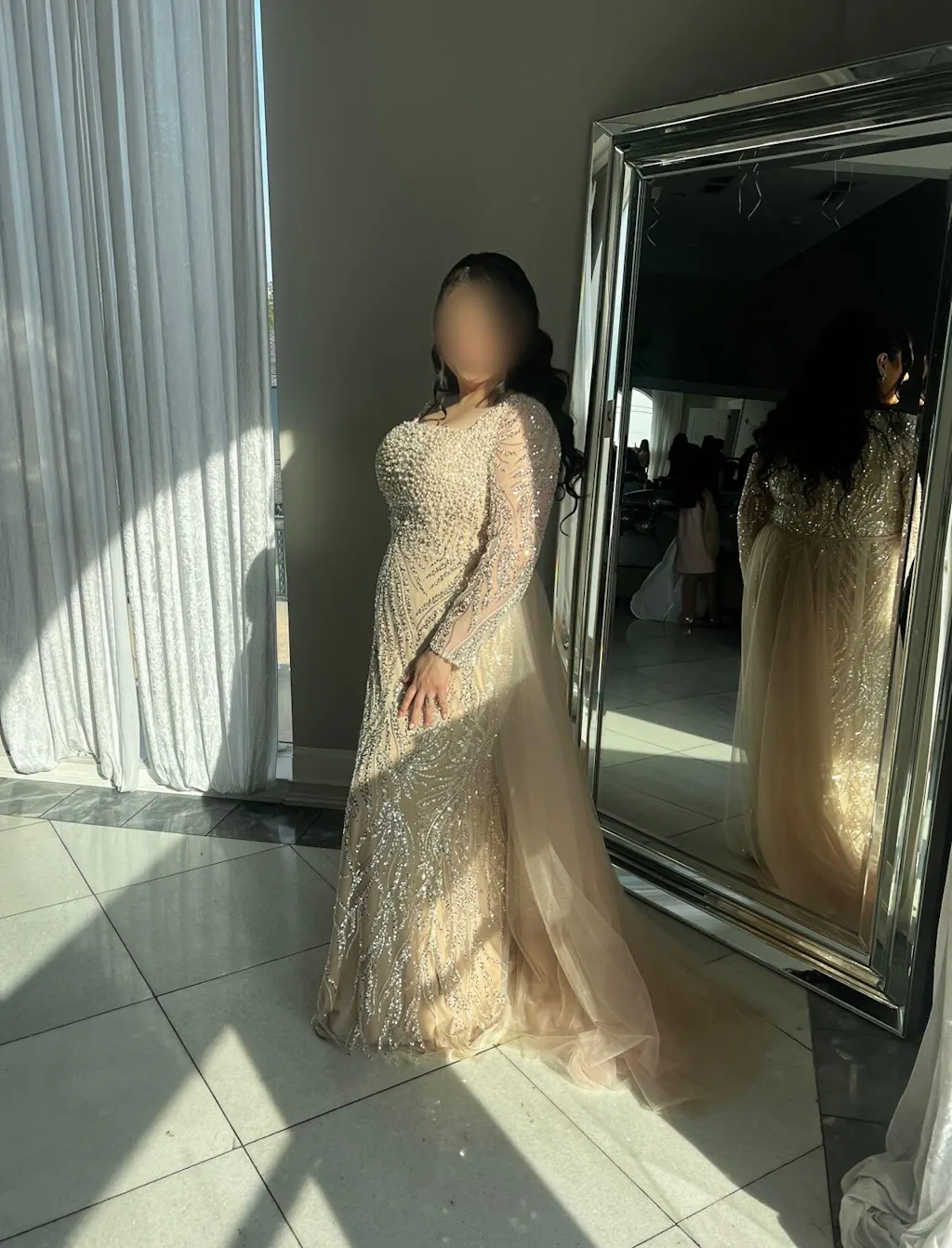 Glamorous Champagne Beaded Prom Dress with Long Sleeves SS632