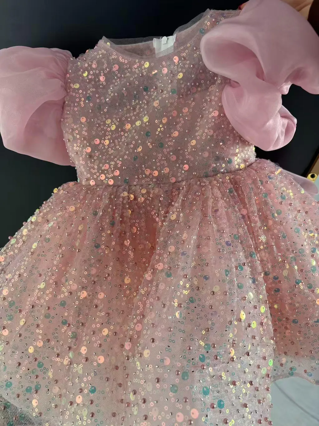 Sparkling Pink Flower Girl Dress with Puffy Sleeves Knee Length D111