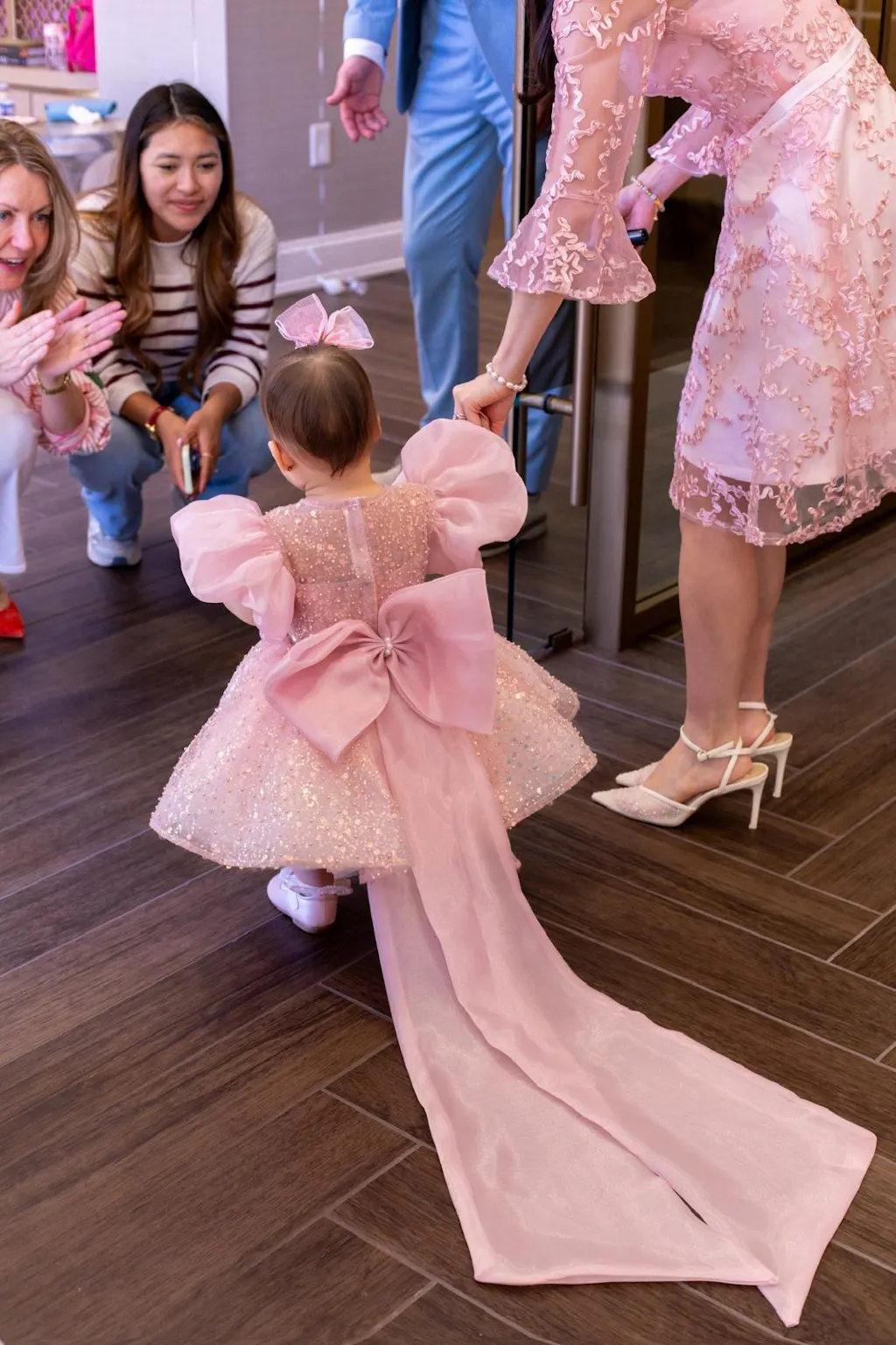 Sparkling Pink Flower Girl Dress with Puffy Sleeves Knee Length D111