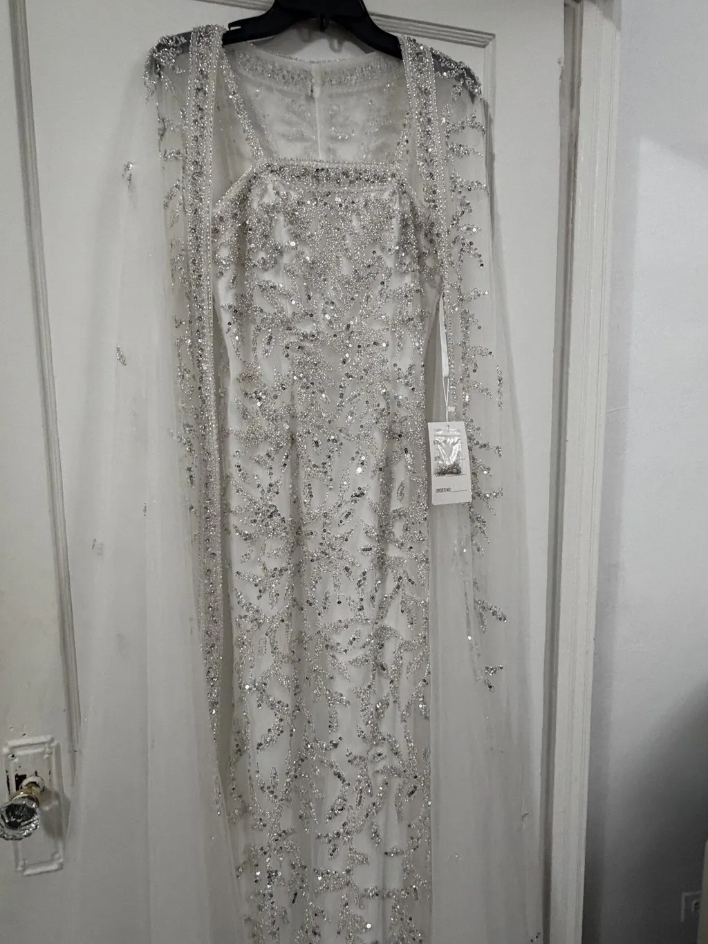 Luxury Beaded Evening Dress with Sheer Cape in Pink White SS393