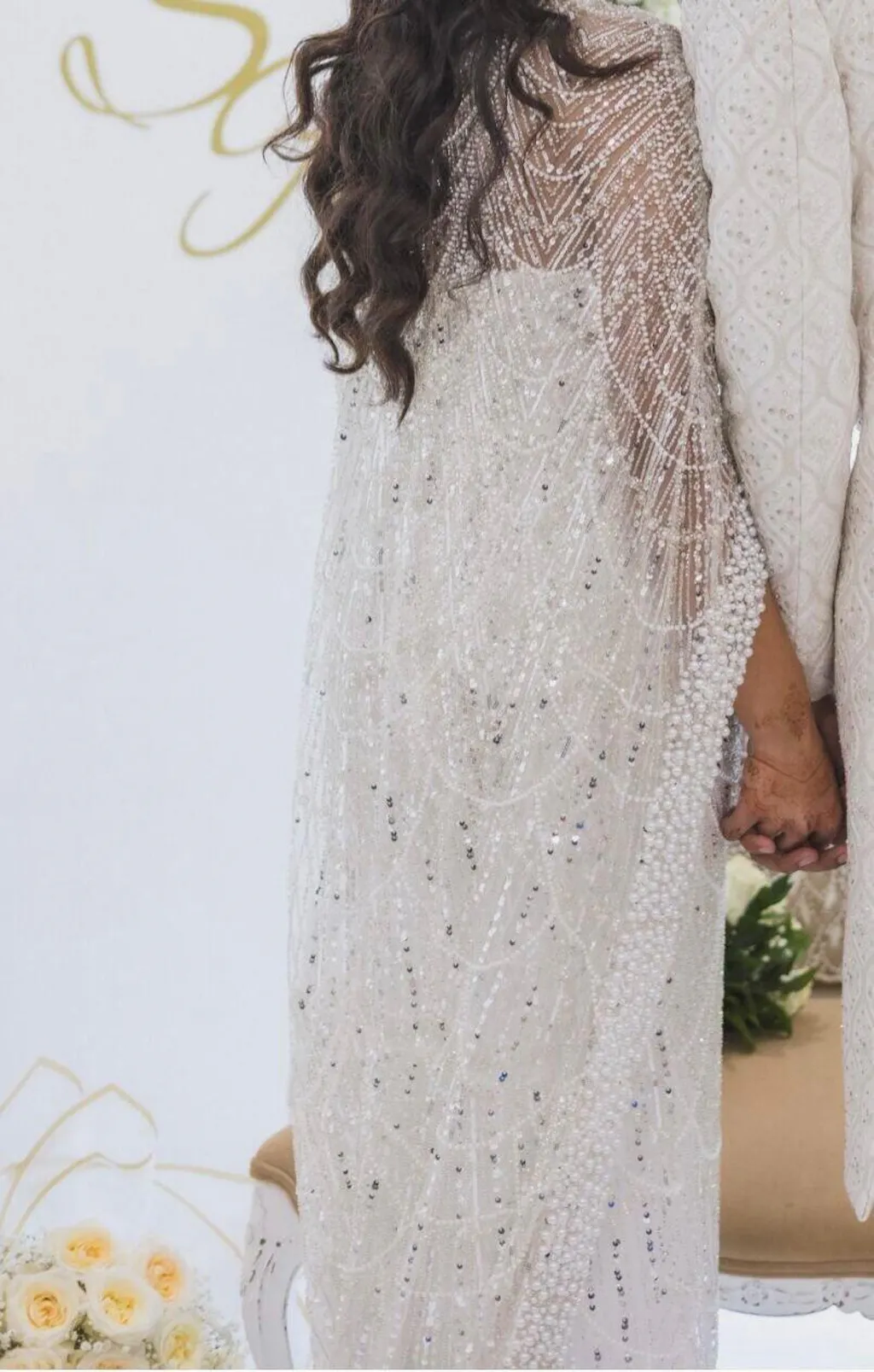 Luxury Pearls Champagne Evening Dresses with Cape SS369