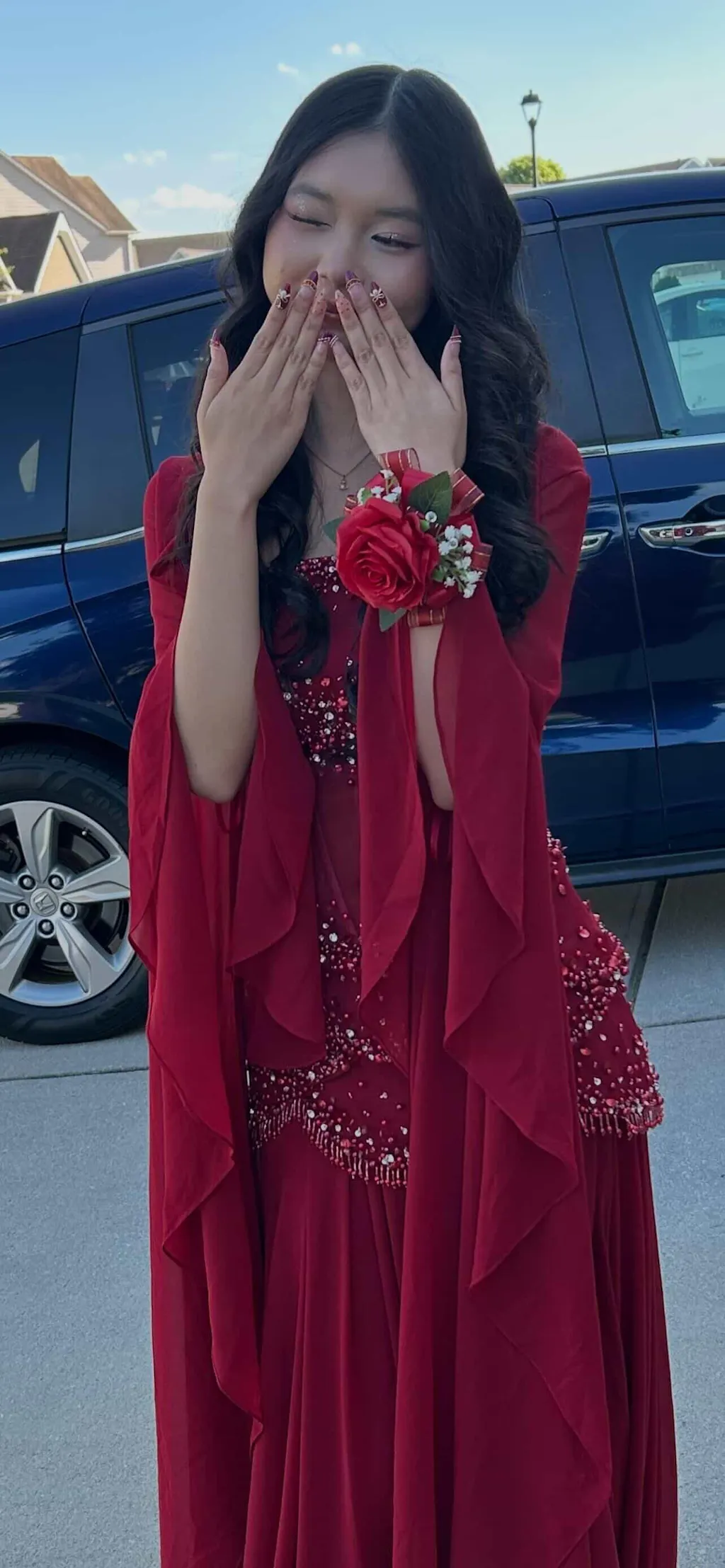 Luxury Pearls Tassel Blue Evening Dress with Flowing coat SS286