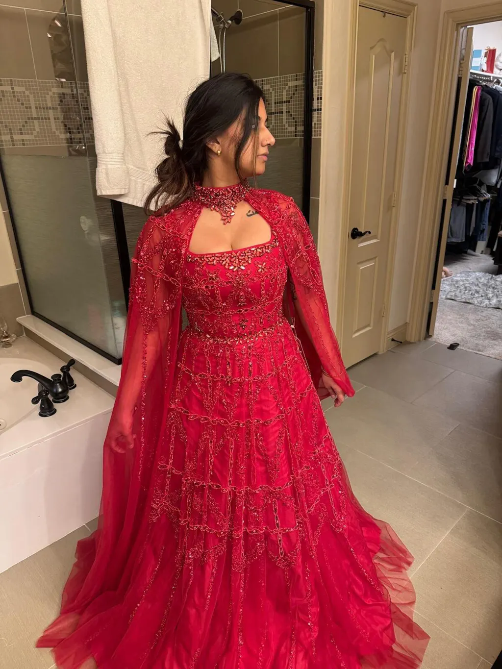 Elegant Cream Heavy Beaded Cape Evening Dress SS486