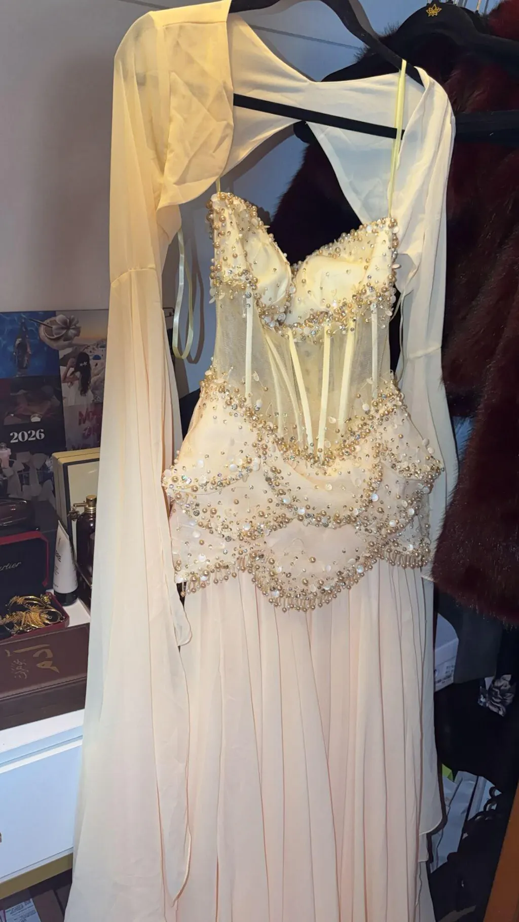 Luxury Pearls Tassel Blue Evening Dress with Flowing coat SS286