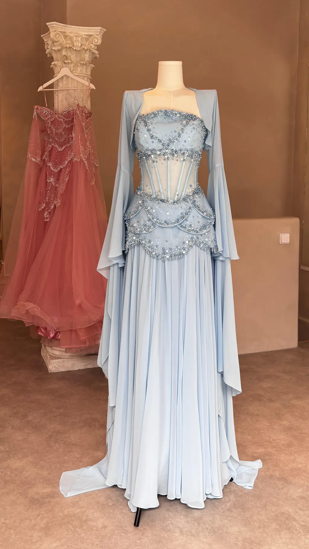 Luxury Pearls Tassel Blue Evening Dress with Flowing coat SS286