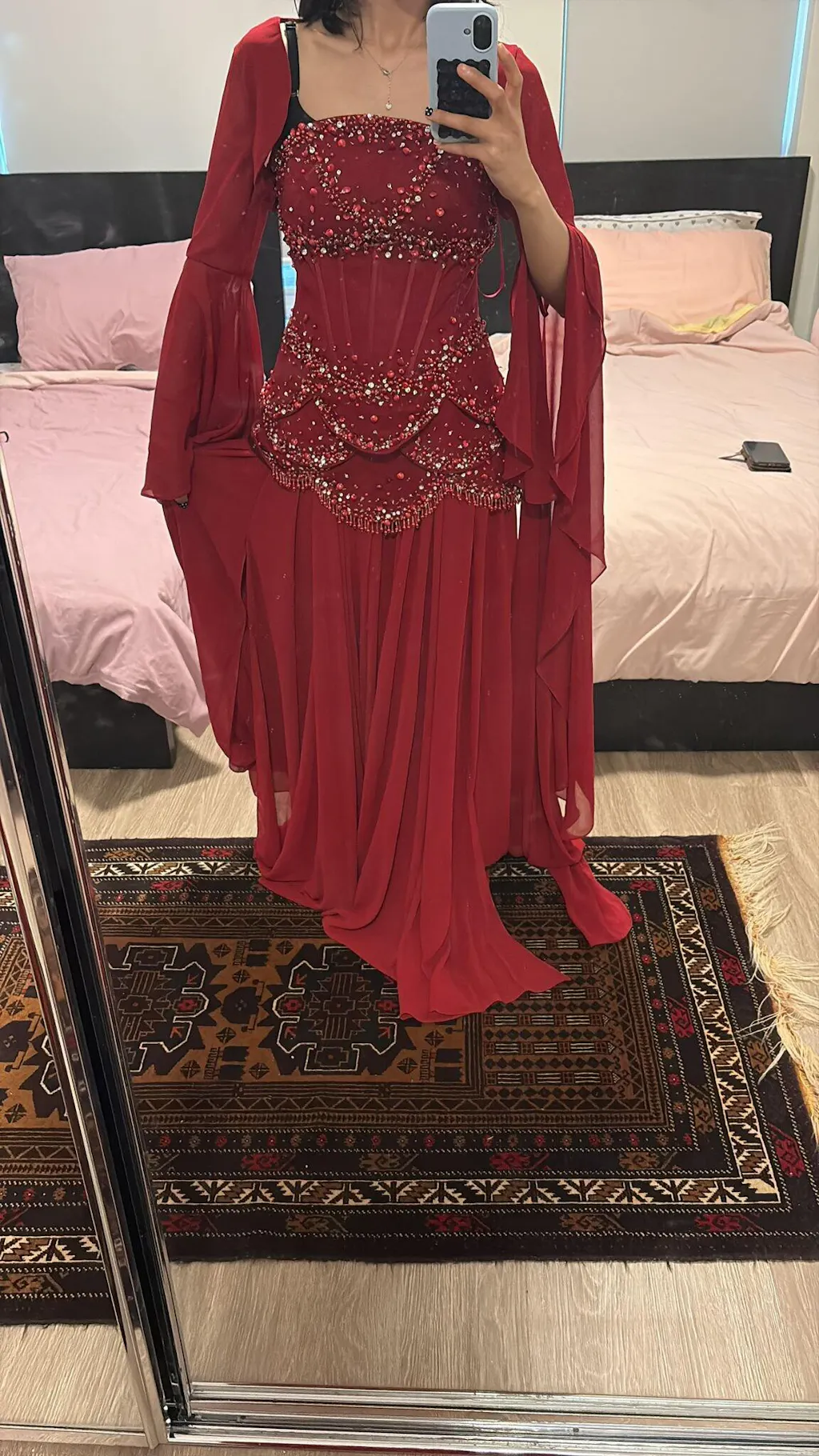 Luxury Pearls Tassel Blue Evening Dress with Flowing coat SS286
