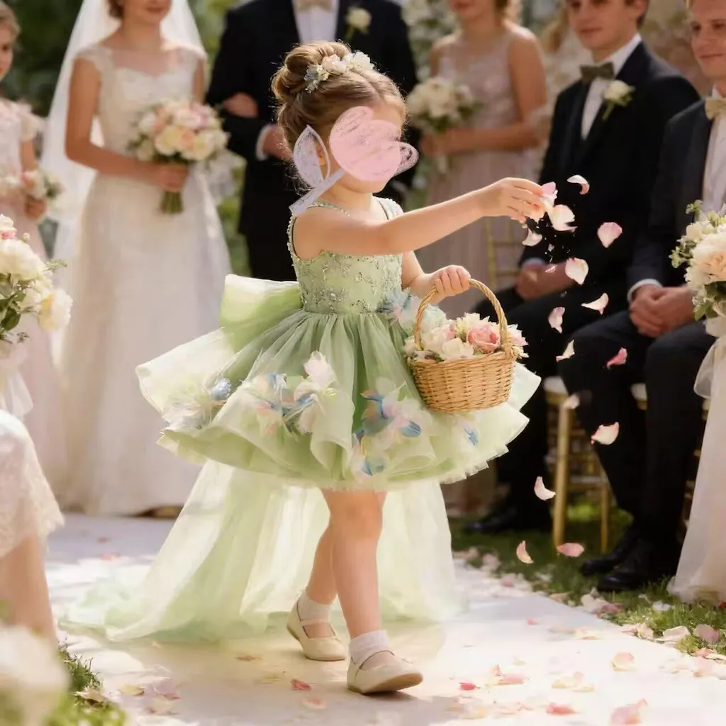 Sparkly Sage Green Princess Dress for Girls 3D Floral Party Dress J873B