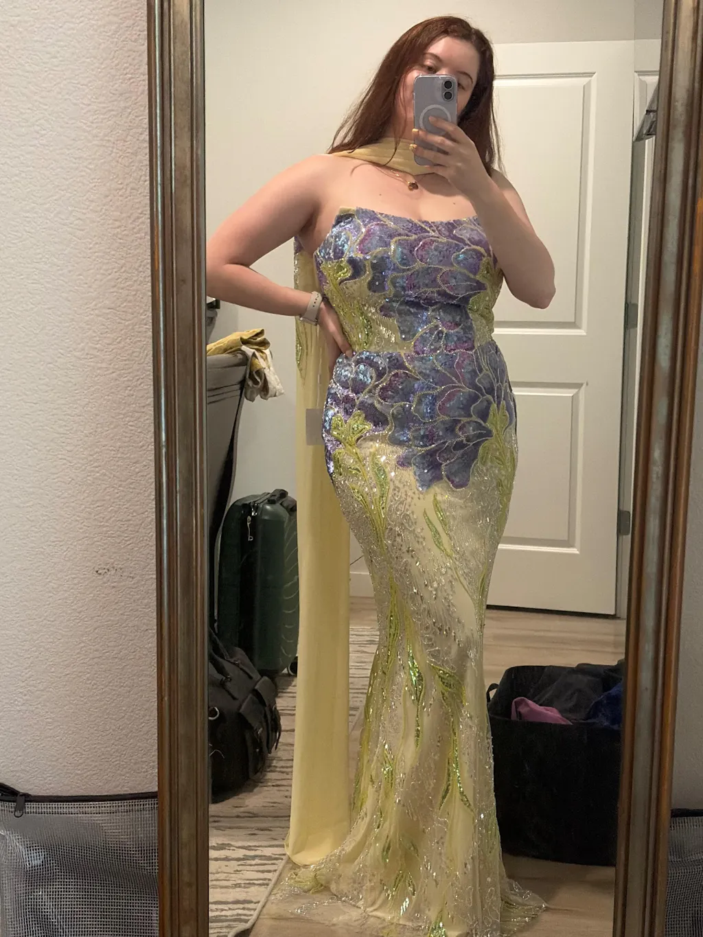 Elegant Purple Green Beaded Sequin Evening Dress with Cape SS511