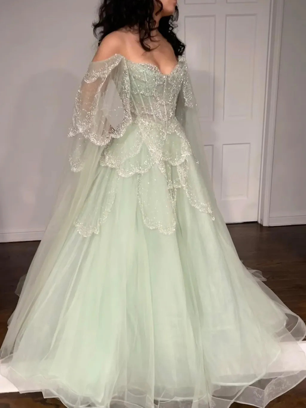 Elegant Off Shoulder Sage Green Evening Dress with Cape Sleeves SS215