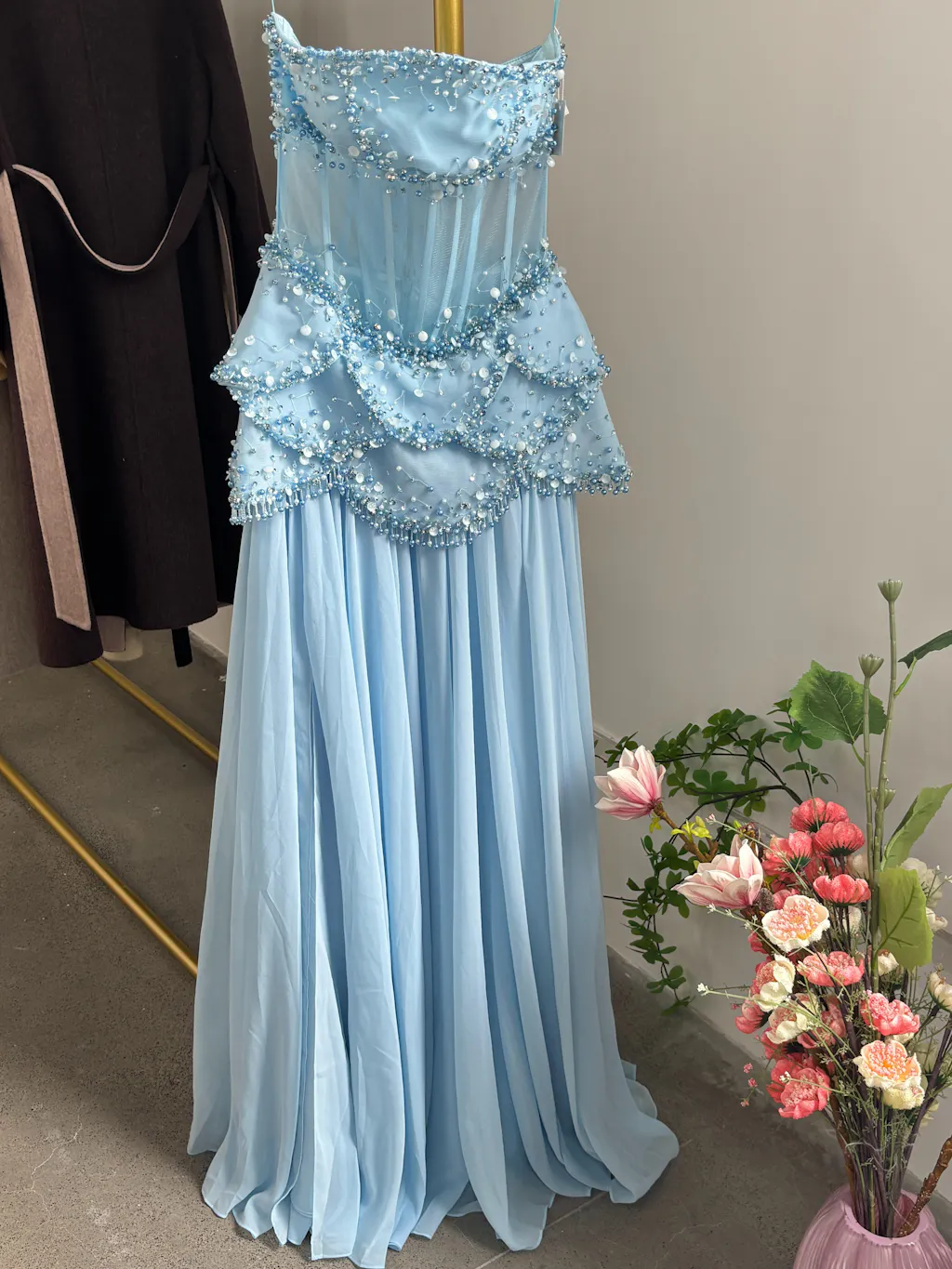 Luxury Pearls Tassel Blue Evening Dress with Flowing coat SS286