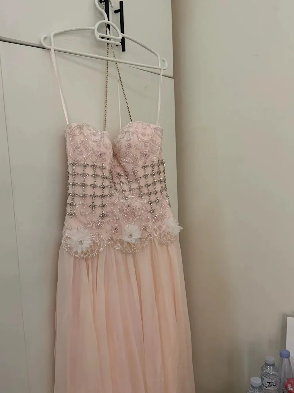 Elegant Blush Pink Beaded Evening Dress with Cape SS285
