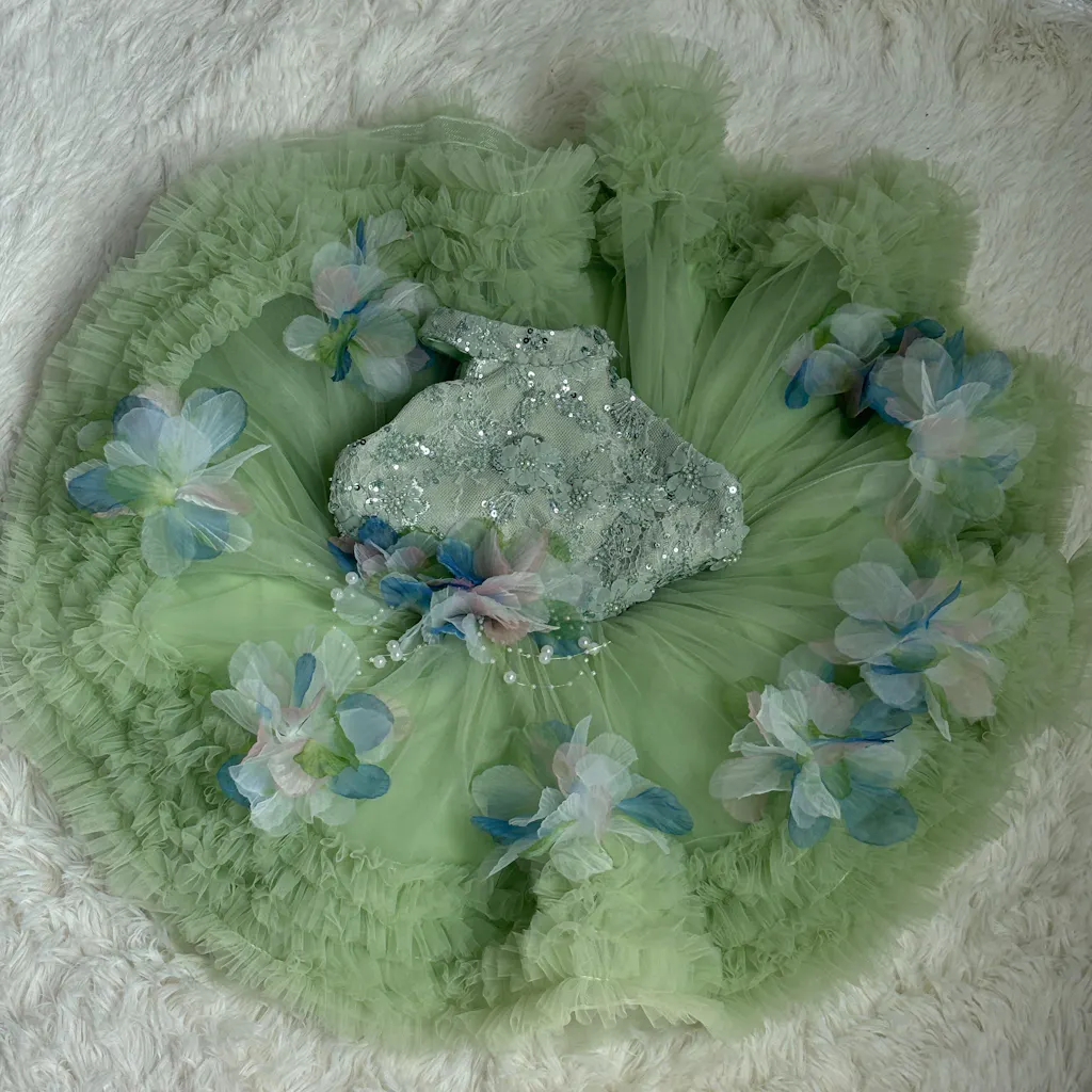 Sparkly Sage Green Princess Dress for Girls 3D Floral Party Dress J873B