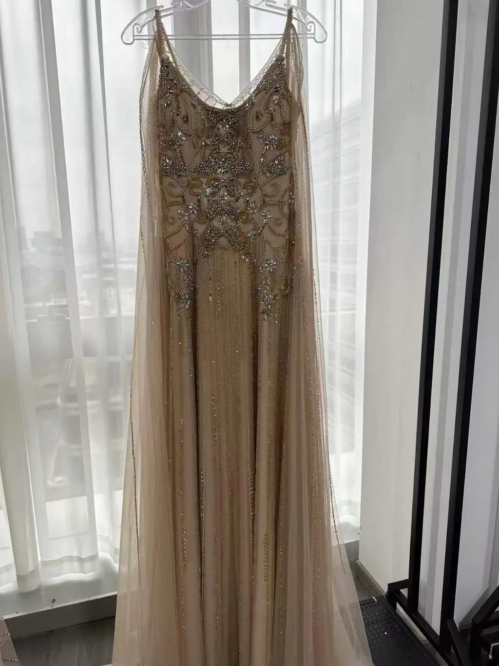 Elegant Champagne Embellished Evening Dress with Cape Sleeves SS538