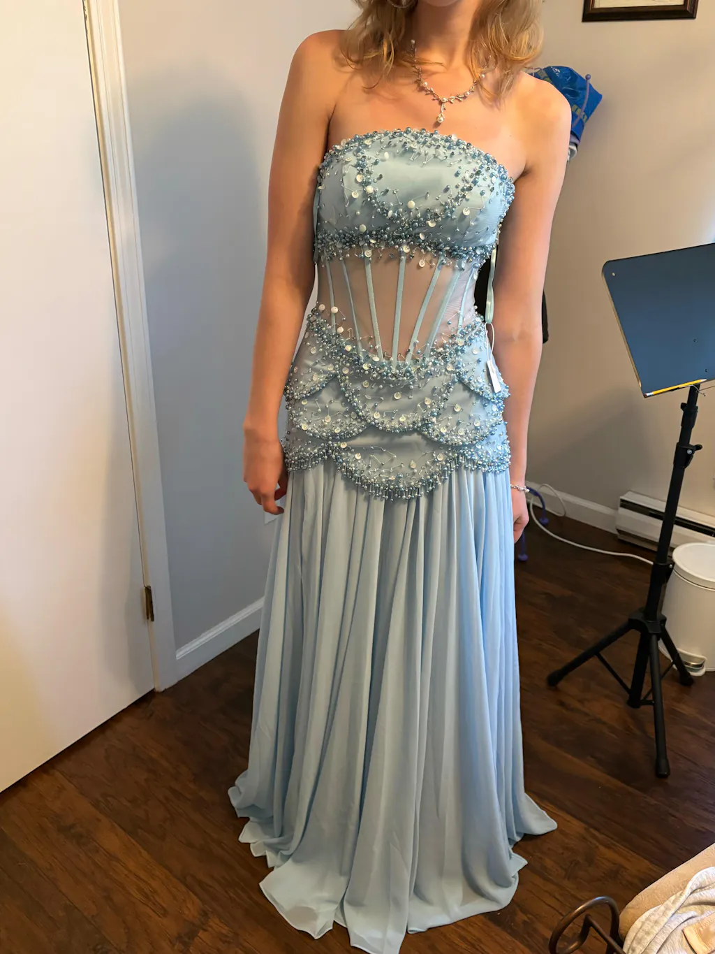 Luxury Pearls Tassel Blue Evening Dress with Flowing coat SS286