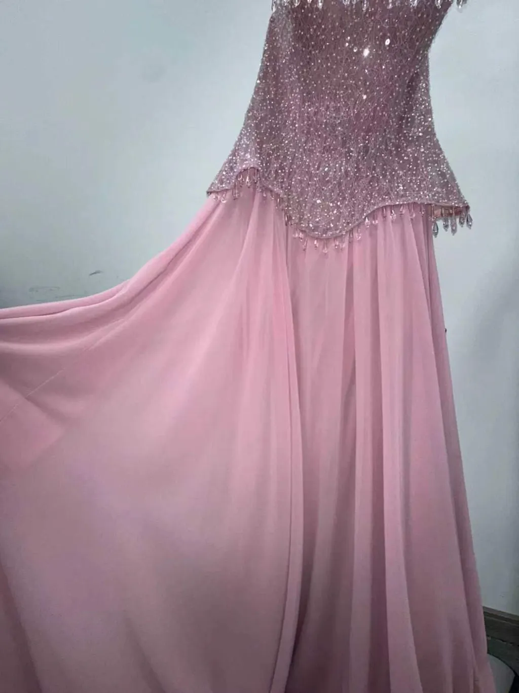 Luxury Pink Strapless Beaded Evening Dress with Shawl SS434