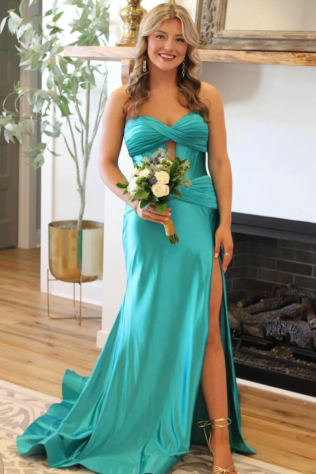 Peacock Blue Corset Mermaid Cut-Out Satin Long Prom Dress with Slit main image 1