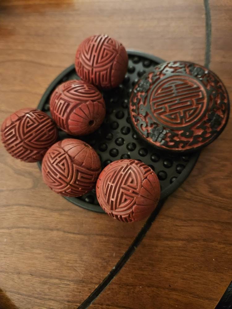 Large carved 30mm cinnabar round bead, pkg of 1. B7-CIN018