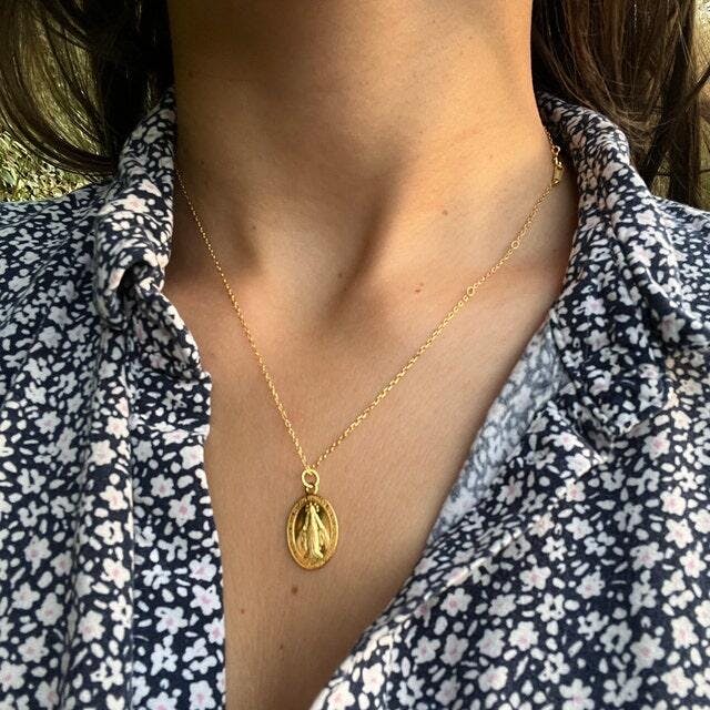 Dainty 14K Gold Virgin Mary Choker Necklace, Miraculous Medal