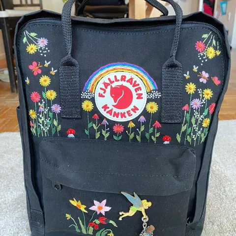 Fjallraven Kanken Backpack with Embroidered Ladybugs and Colorful Flowers - Personalized Embroidered Backpack - Custom Bag for Women